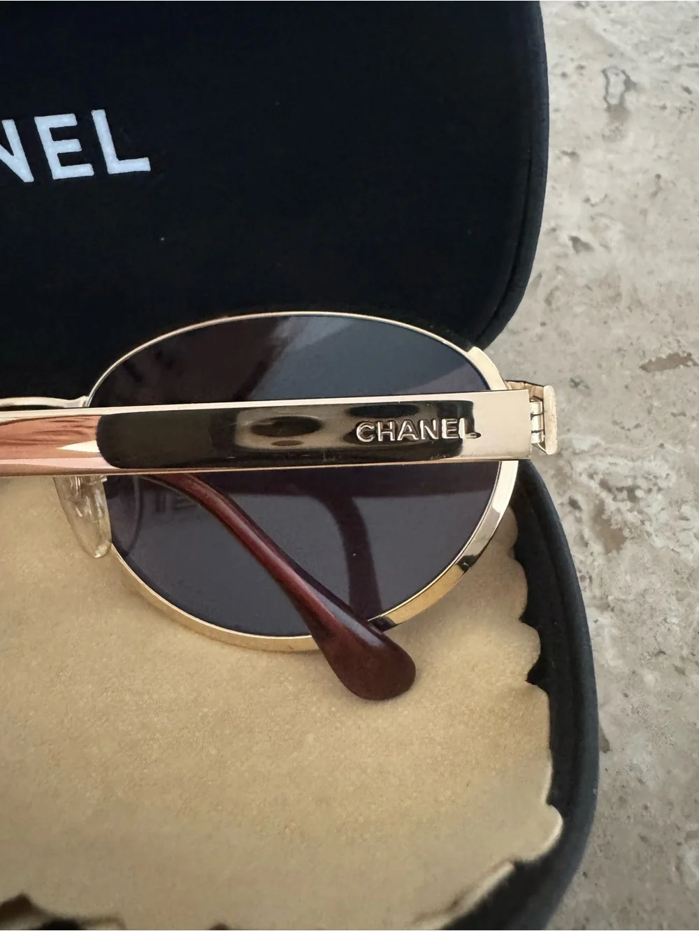 CHANEL Vintage Gold Frame Oval Smoke Lens Sunglasses